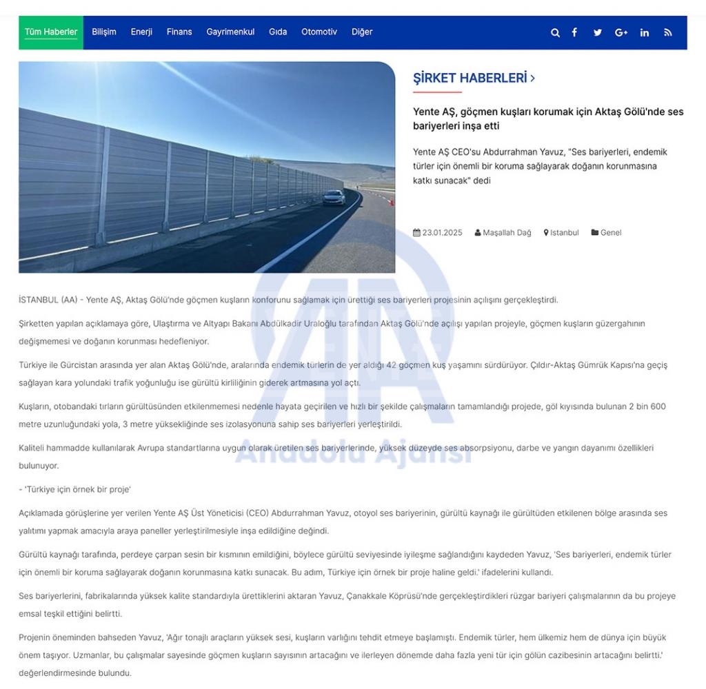 Aktaş Gölü Yente, Anadolu Ajansı Haberi